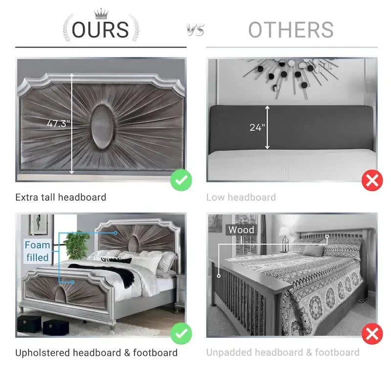 Glam Silver Panel Bed with Velvet Fabric Headboard and Nail Head Trim