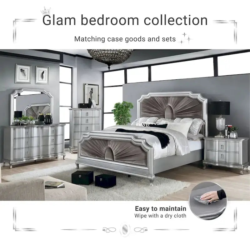 Glam Silver Panel Bed with Velvet Fabric Headboard and Nail Head Trim