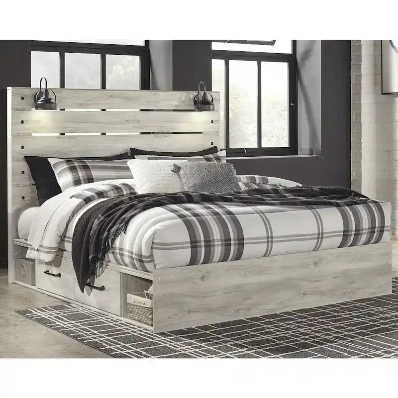 Cambeck Whitewash Panel Bed With 2 Under Bed Storage Drawers
