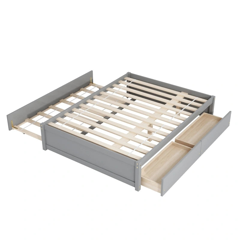 Full Bed with Twin Trundle and 2 Storage Drawers, Solid Pine Wood