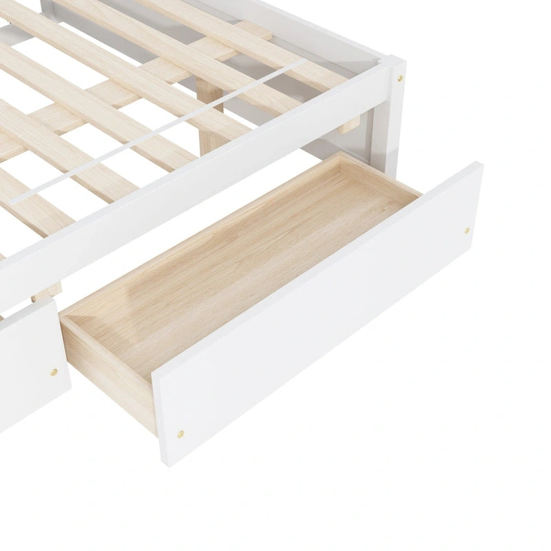 Full Bed with Twin Trundle and 2 Storage Drawers, Solid Pine Wood