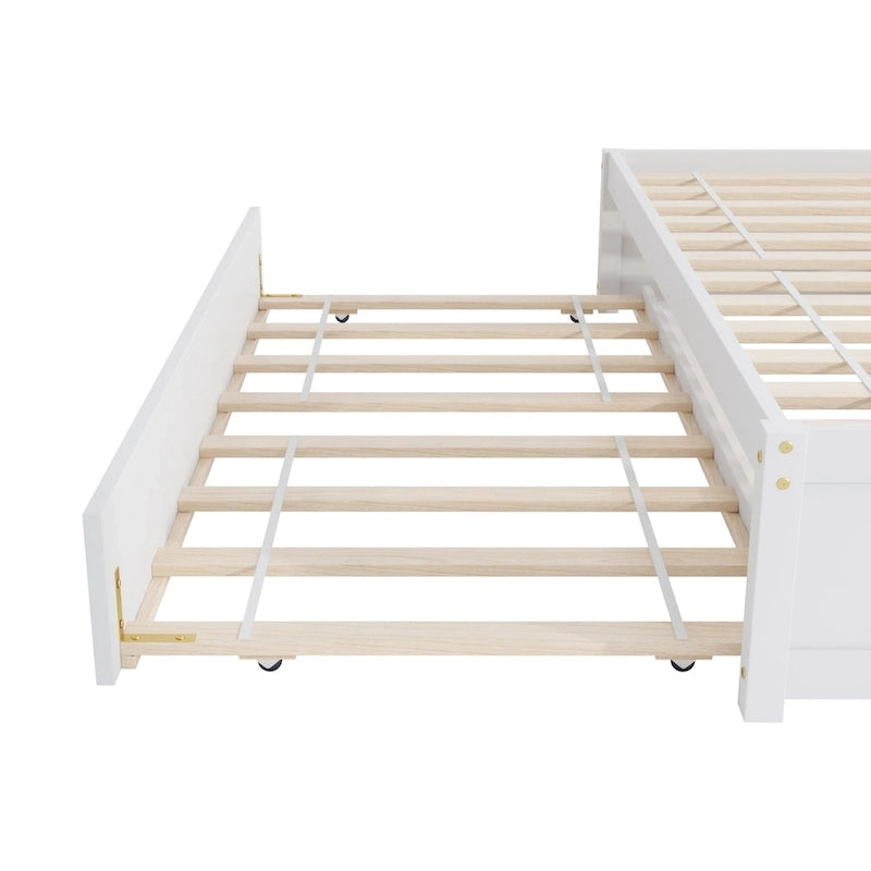 Full Bed with Twin Trundle and 2 Storage Drawers, Solid Pine Wood