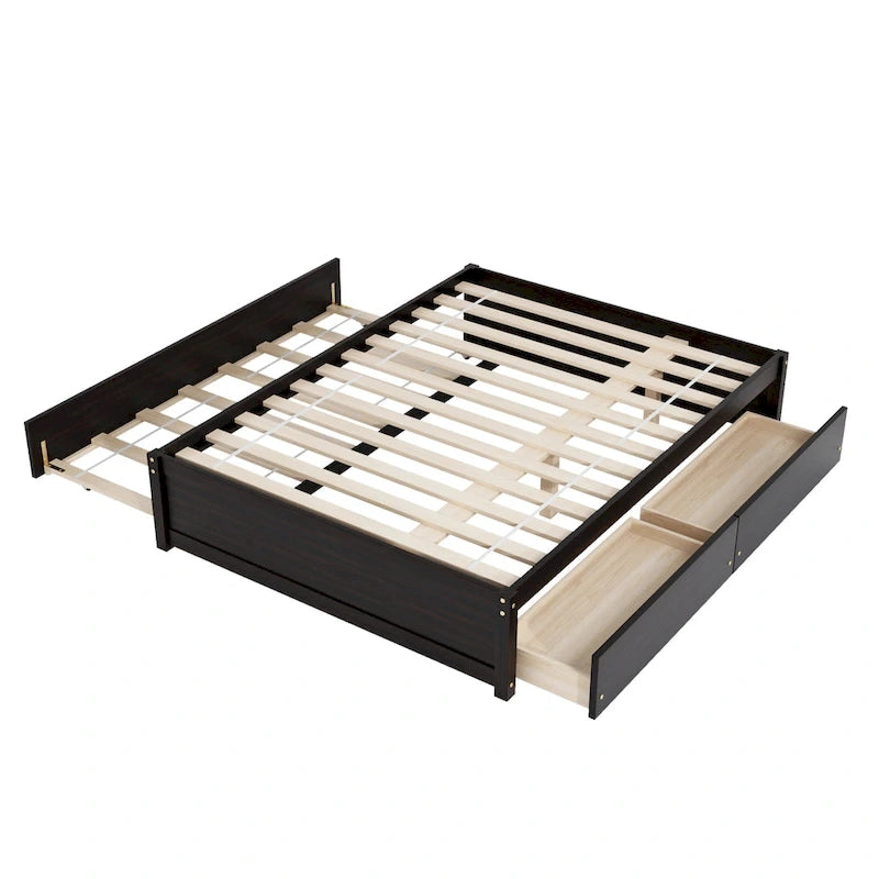Full Bed with Twin Trundle and 2 Storage Drawers, Solid Pine Wood