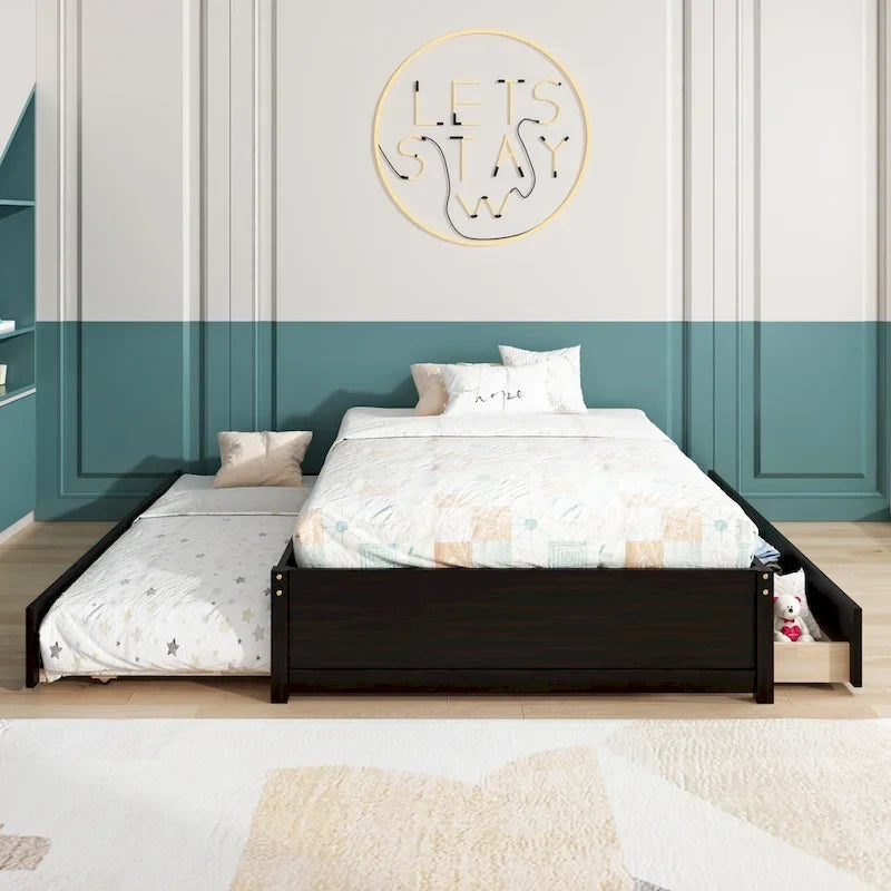 Full Bed with Twin Trundle and 2 Storage Drawers, Solid Pine Wood