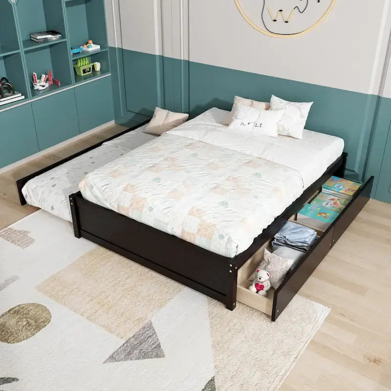 Full Bed with Twin Trundle and 2 Storage Drawers, Solid Pine Wood