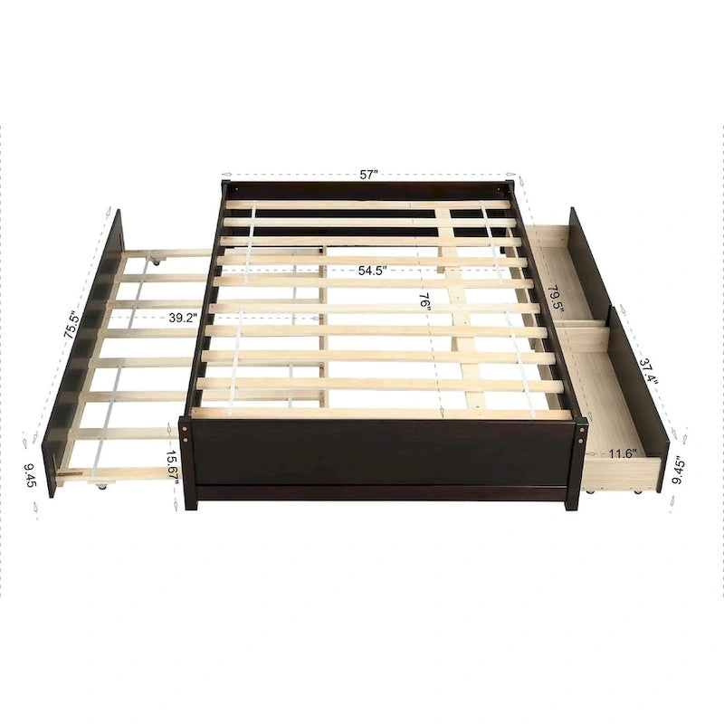Full Bed with Twin Trundle and 2 Storage Drawers, Solid Pine Wood
