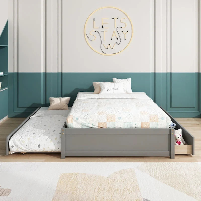 Full Bed with Twin Trundle and 2 Storage Drawers, Solid Pine Wood