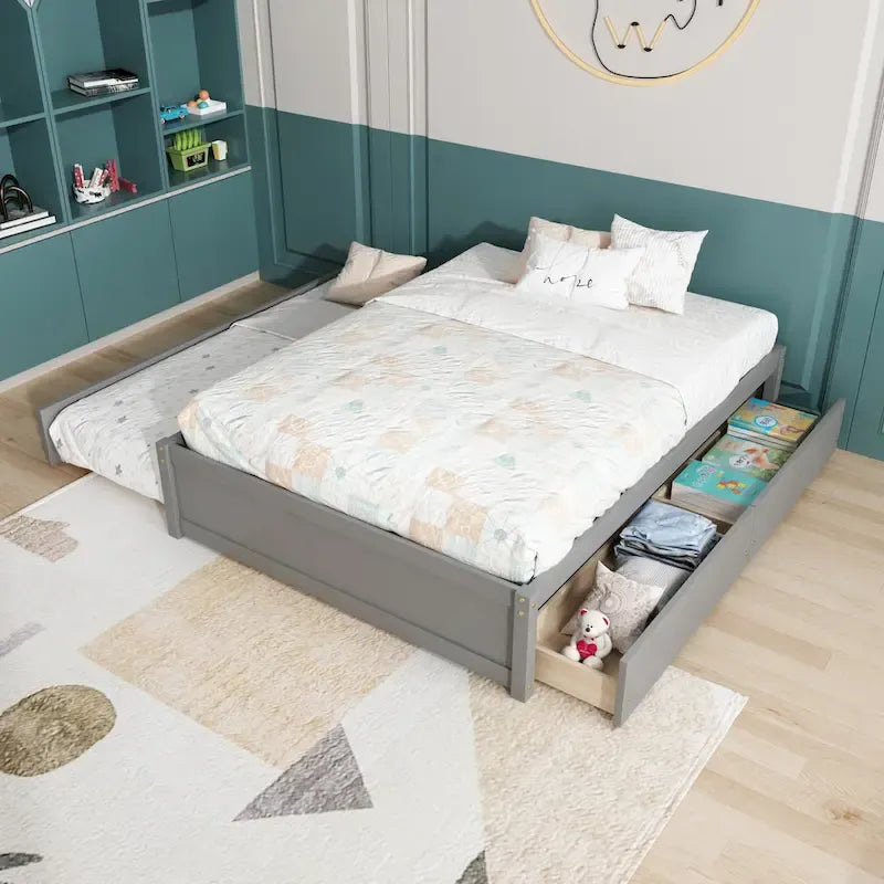 Full Bed with Twin Trundle and 2 Storage Drawers, Solid Pine Wood