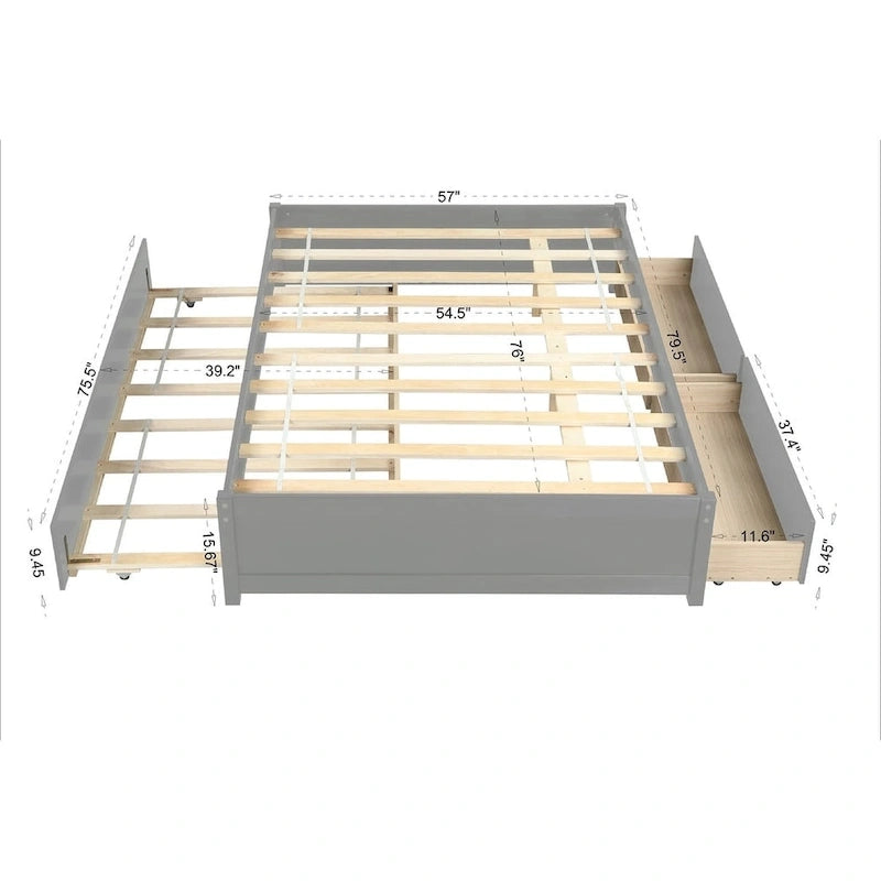 Full Bed with Twin Trundle and 2 Storage Drawers, Solid Pine Wood
