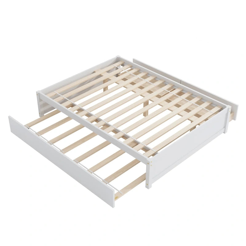 Full Bed with Twin Trundle and 2 Storage Drawers, Solid Pine Wood