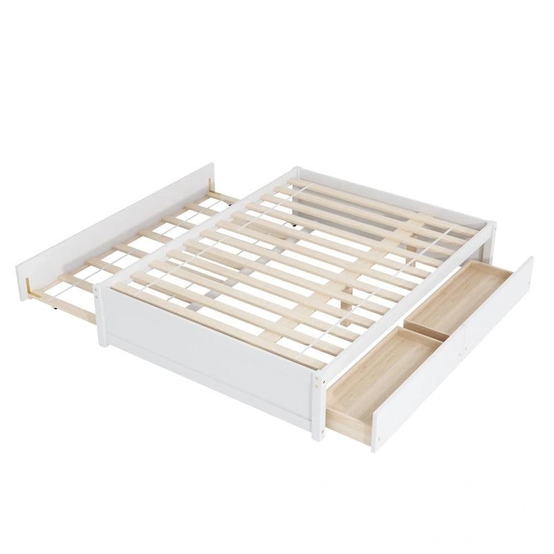 Full Bed with Twin Trundle and 2 Storage Drawers, Solid Pine Wood