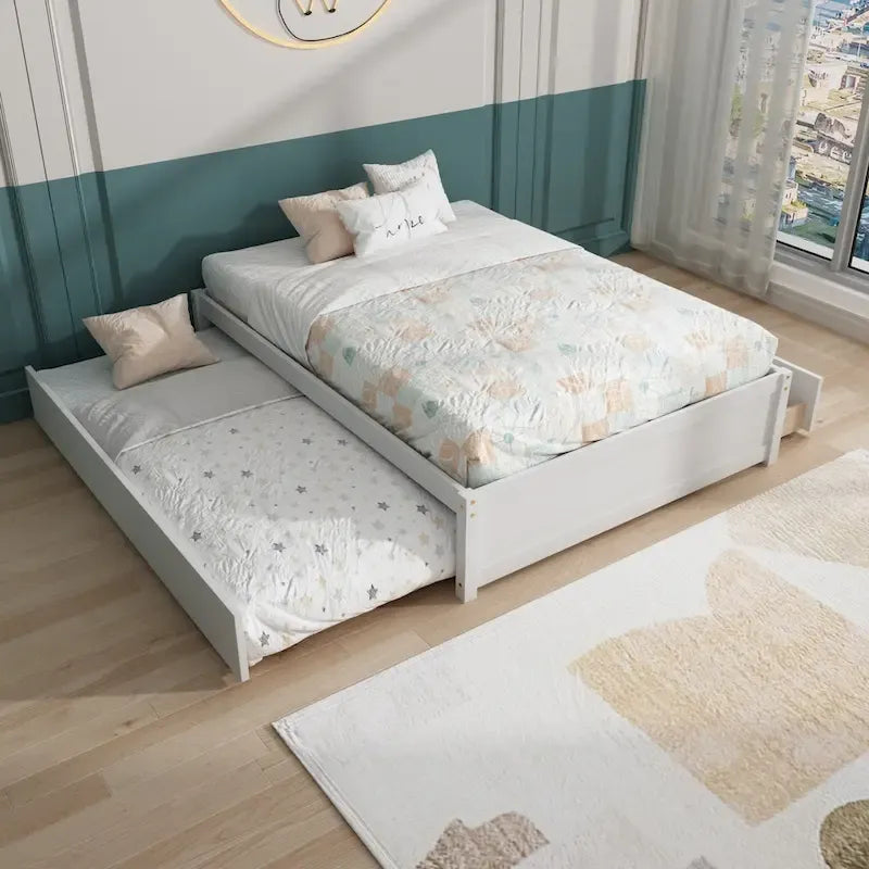 Full Bed with Twin Trundle and 2 Storage Drawers, Solid Pine Wood