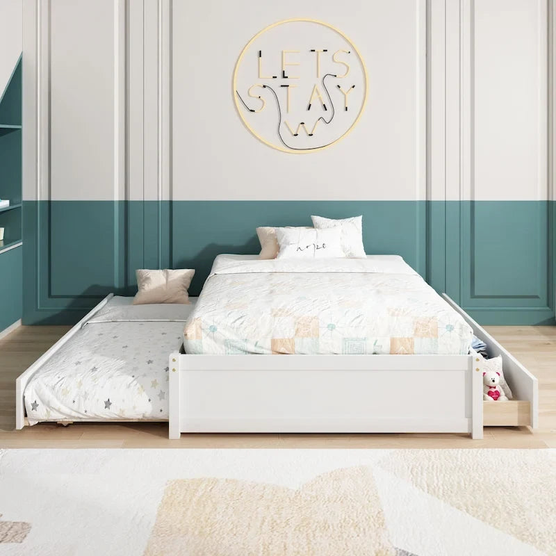 Full Bed with Twin Trundle and 2 Storage Drawers, Solid Pine Wood