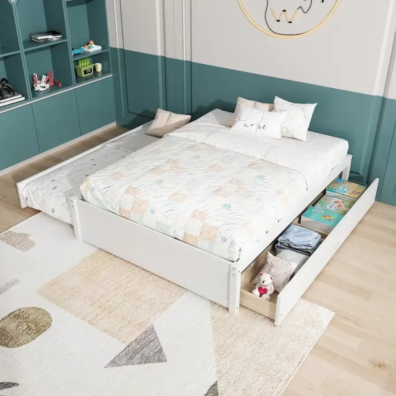 Full Bed with Twin Trundle and 2 Storage Drawers, Solid Pine Wood