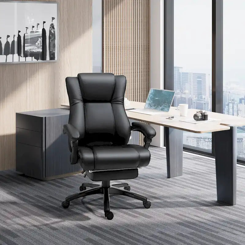 High Back Reclining Office Chair with Footrest, Faux Leather, Black
