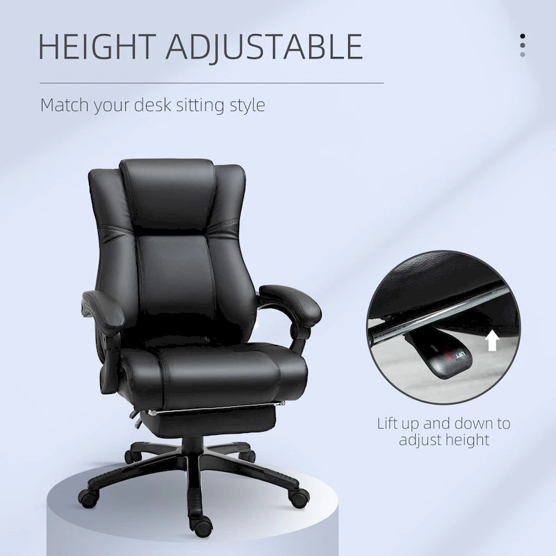High Back Reclining Office Chair with Footrest, Faux Leather, Black