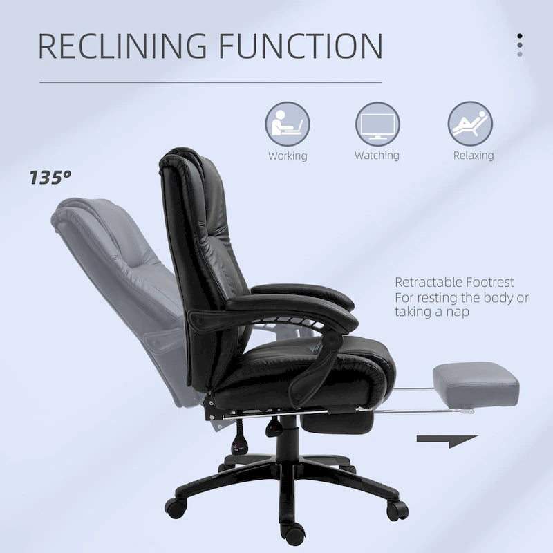 High Back Reclining Office Chair with Footrest, Faux Leather, Black