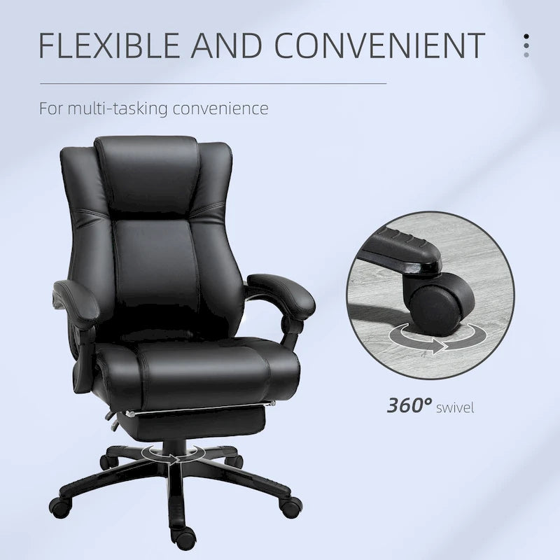 High Back Reclining Office Chair with Footrest, Faux Leather, Black