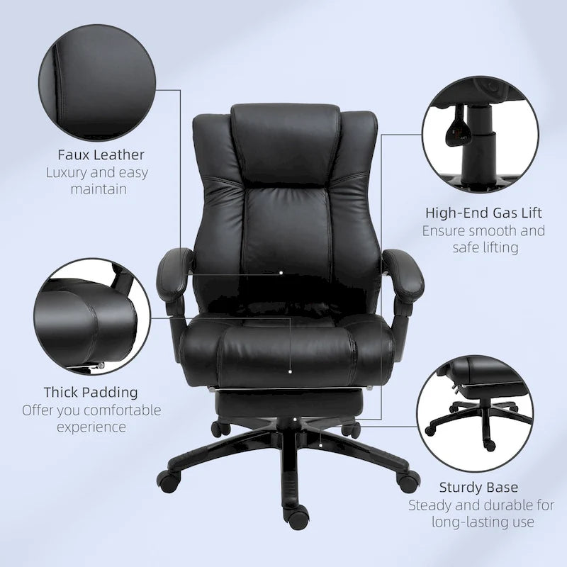 High Back Reclining Office Chair with Footrest, Faux Leather, Black