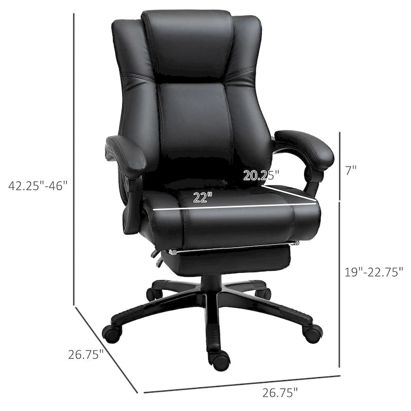 High Back Reclining Office Chair with Footrest, Faux Leather, Black