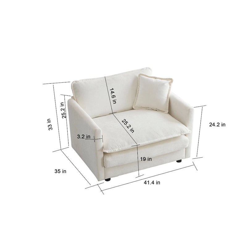 Single Seat Upholstered Armchair in White Fabric with Toss Pillow