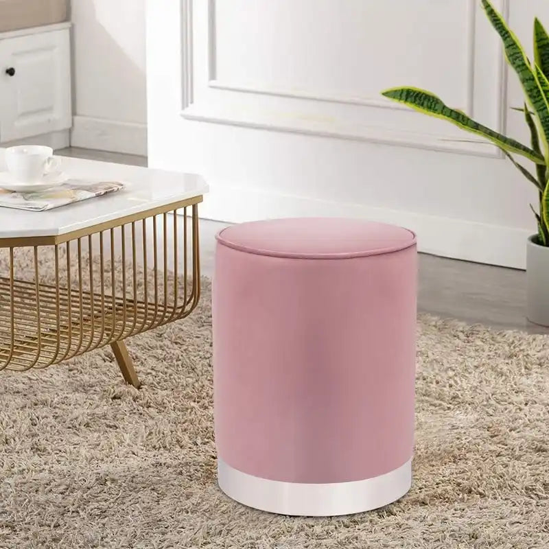 Round Velvet Ottoman Footstool with Silver Trim, Multi-Functional