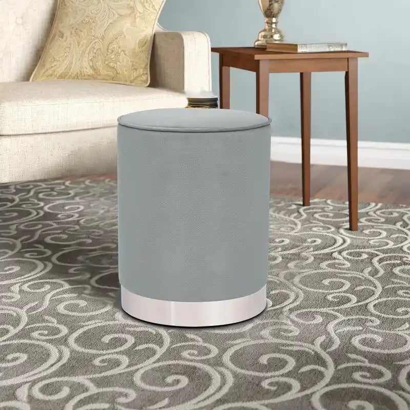 Round Velvet Ottoman Footstool with Silver Trim, Multi-Functional