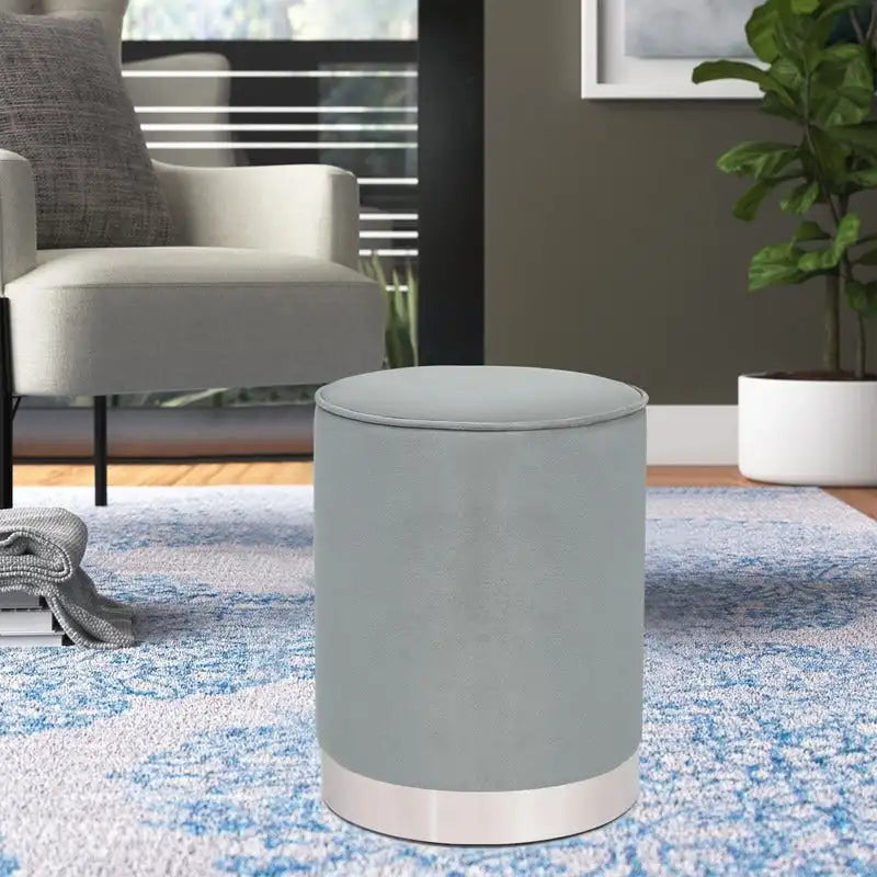 Round Velvet Ottoman Footstool with Silver Trim, Multi-Functional