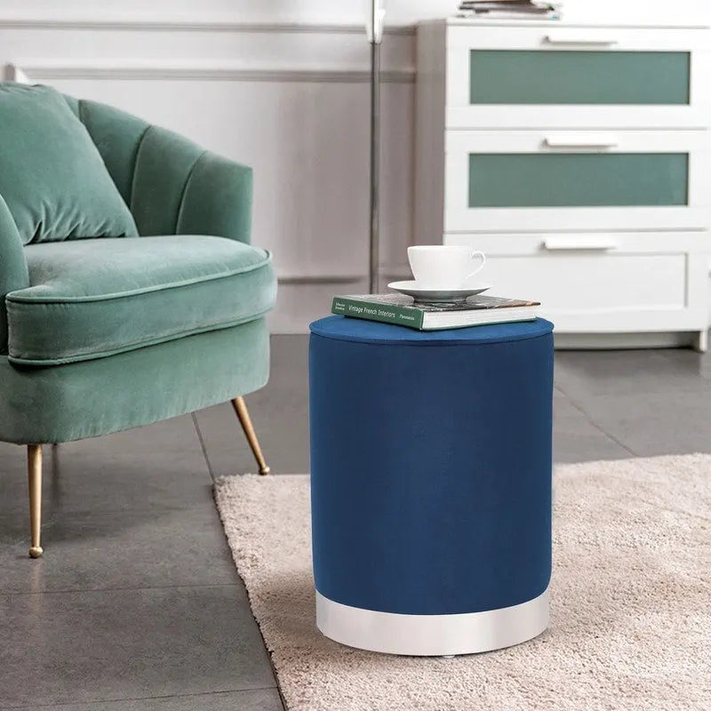 Round Velvet Ottoman Footstool with Silver Trim, Multi-Functional