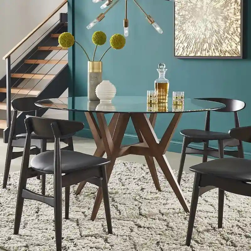 Round Mid-Century Modern Dining Table with Walnut Base, Seats 4