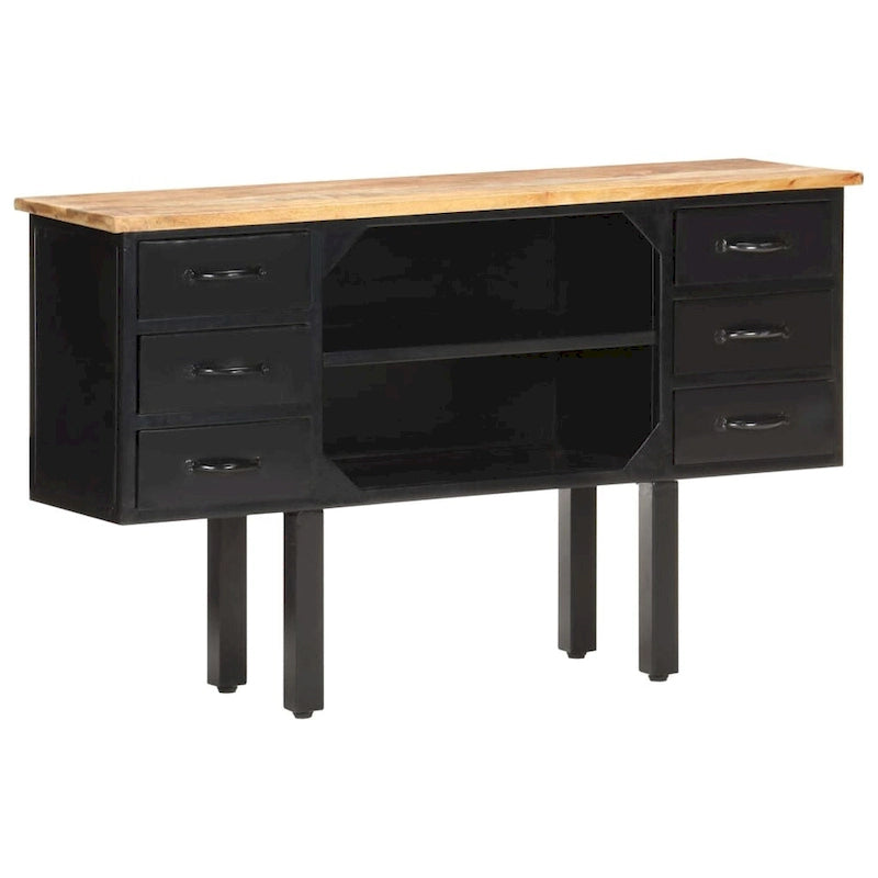 Solid Mango Wood and Steel Sideboard with 6 Drawers, Industrial Style