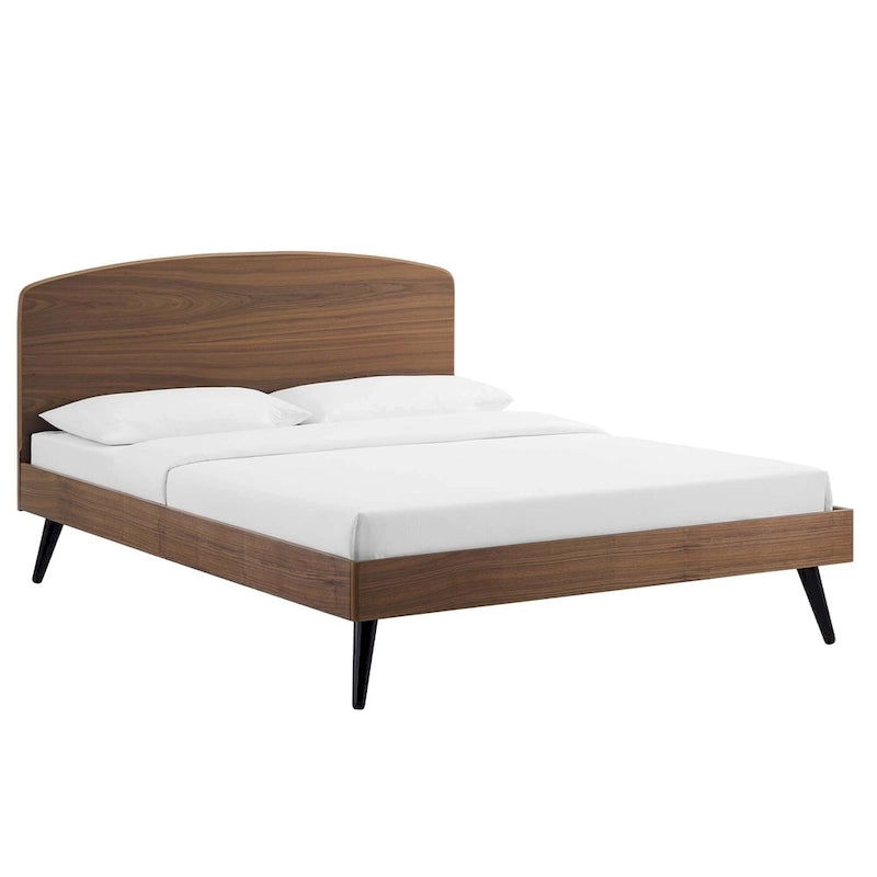 Queen Wood Platform Bed with Arched Headboard, Mid-Century Style
