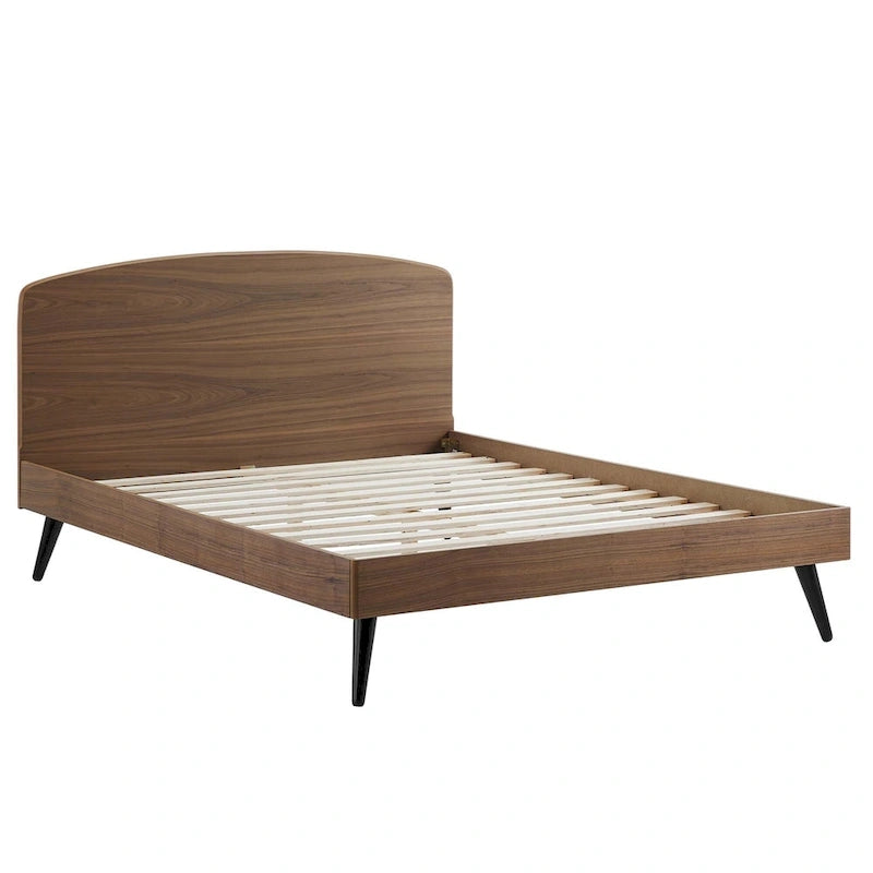 Queen Wood Platform Bed with Arched Headboard, Mid-Century Style