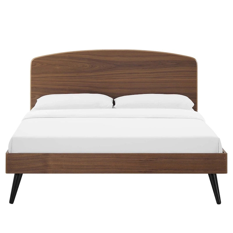 Queen Wood Platform Bed with Arched Headboard, Mid-Century Style