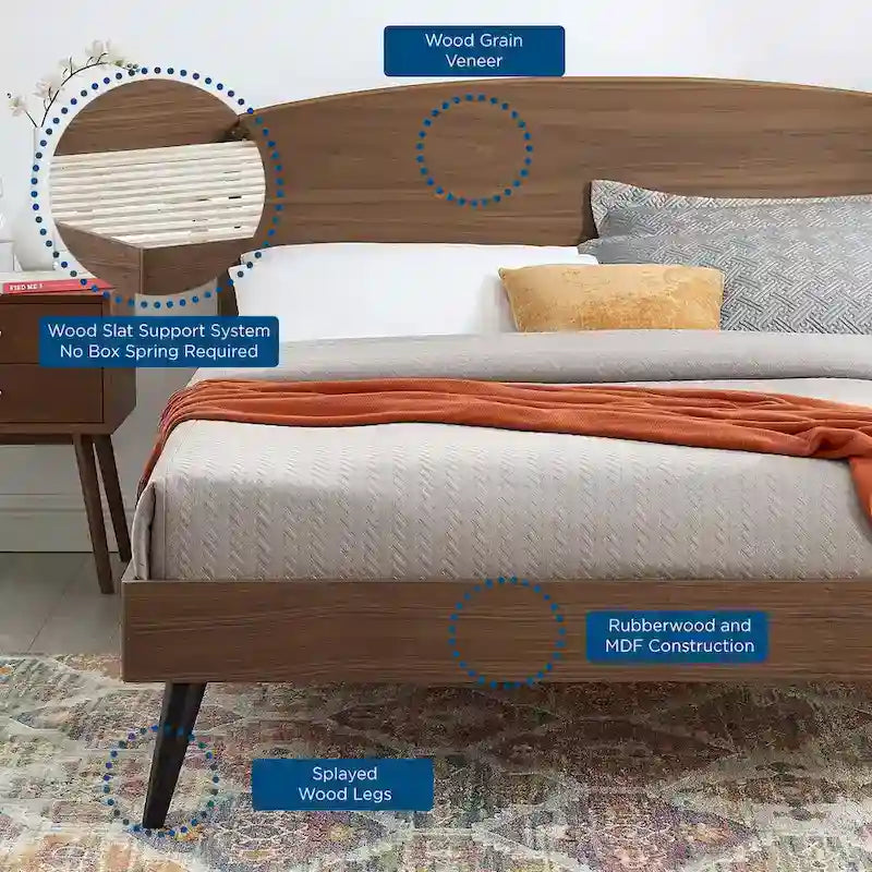 Queen Wood Platform Bed with Arched Headboard, Mid-Century Style