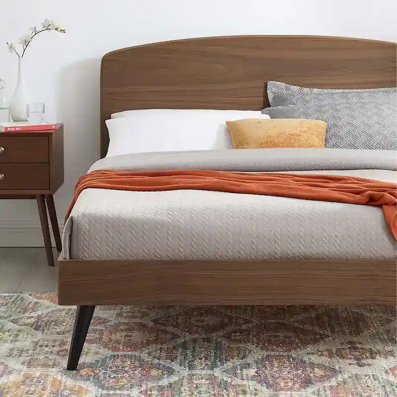 Queen Wood Platform Bed with Arched Headboard, Mid-Century Style