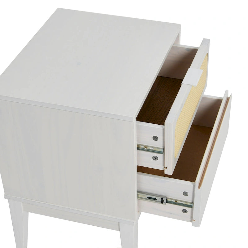 Solid Wood 2-Drawer Nightstand with Cane Panel Drawer Fronts