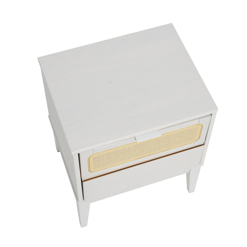 Solid Wood 2-Drawer Nightstand with Cane Panel Drawer Fronts