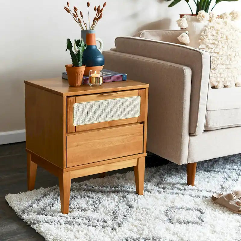 Solid Wood 2-Drawer Nightstand with Cane Panel Drawer Fronts