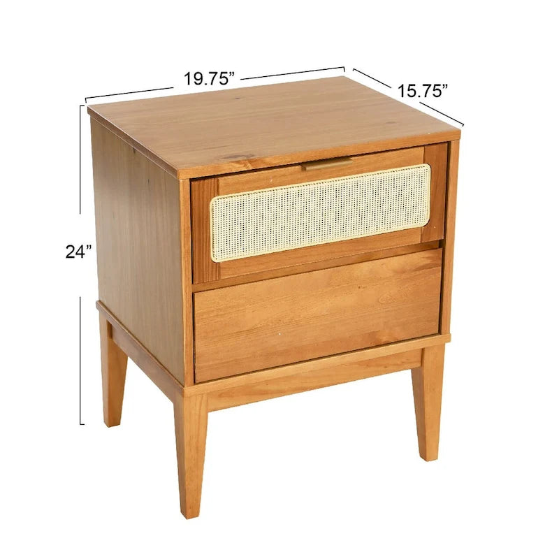 Solid Wood 2-Drawer Nightstand with Cane Panel Drawer Fronts