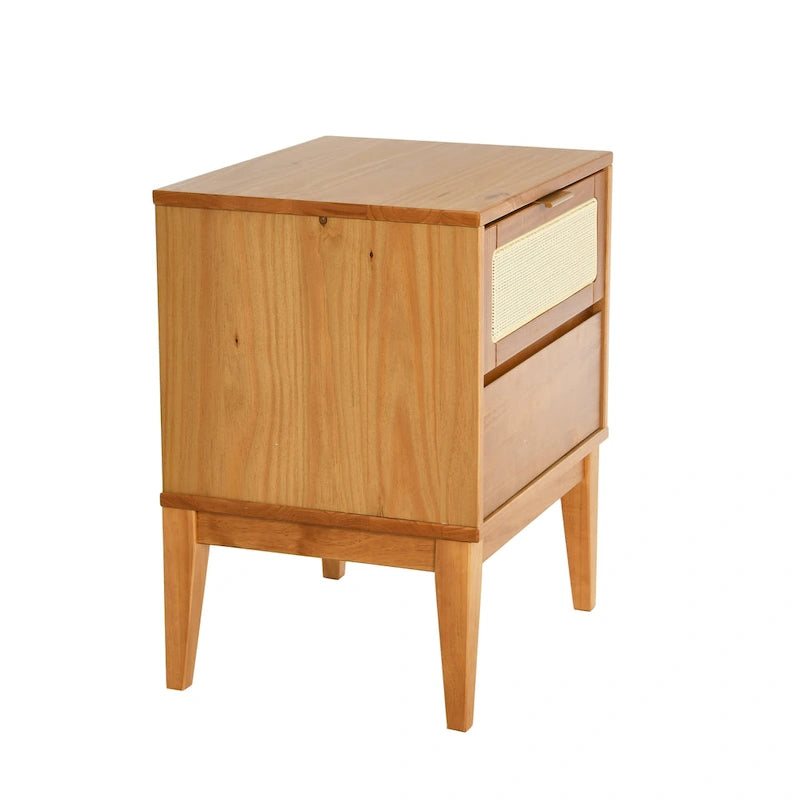 Solid Wood 2-Drawer Nightstand with Cane Panel Drawer Fronts