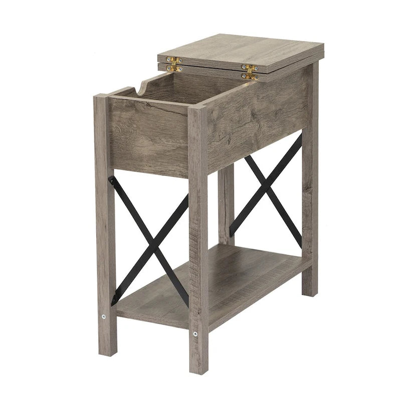 Farmhouse Flip Top Nightstand with Drawer, 2 AC Outlets and 2 USB Ports