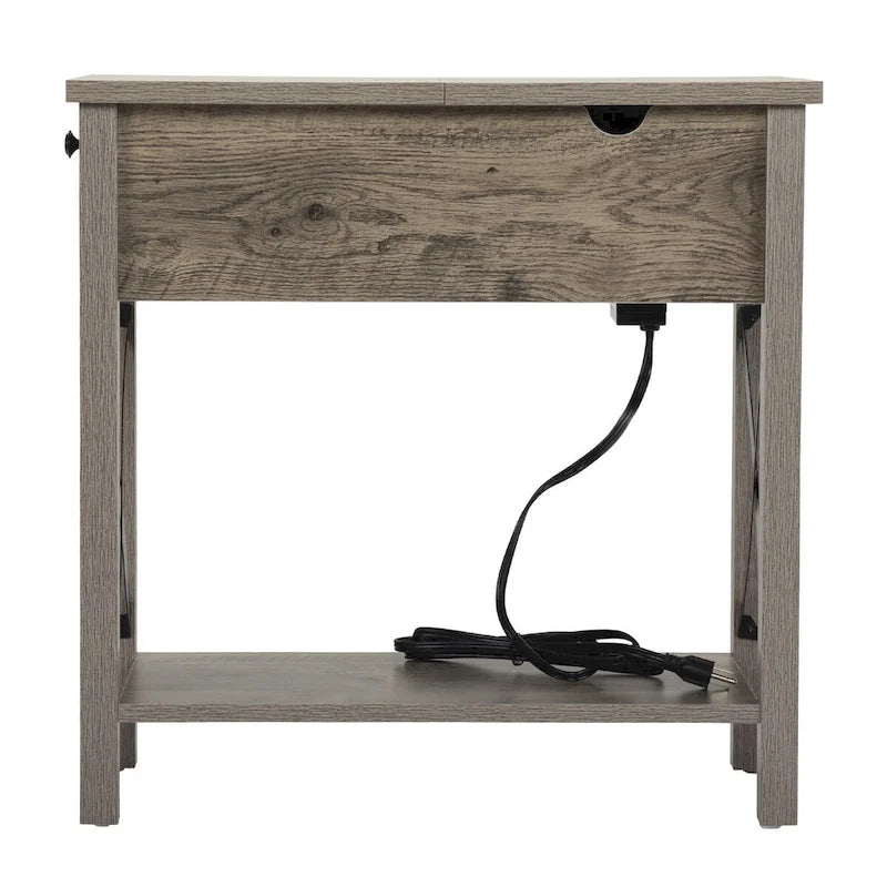 Farmhouse Flip Top Nightstand with Drawer, 2 AC Outlets and 2 USB Ports