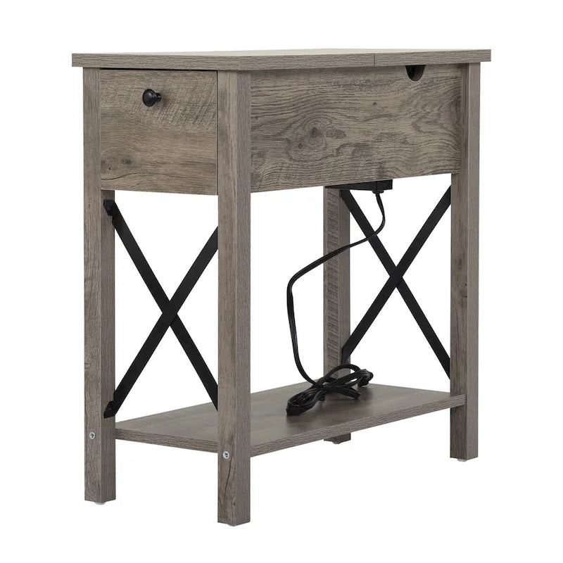 Farmhouse Flip Top Nightstand with Drawer, 2 AC Outlets and 2 USB Ports