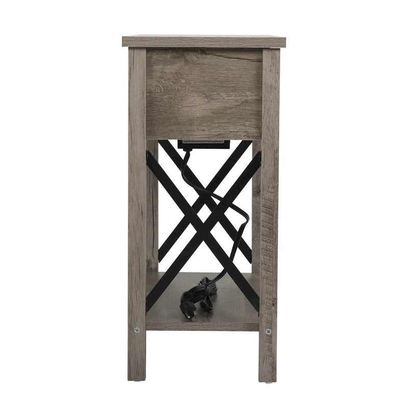 Farmhouse Flip Top Nightstand with Drawer, 2 AC Outlets and 2 USB Ports
