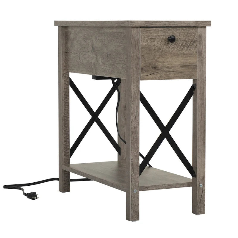 Farmhouse Flip Top Nightstand with Drawer, 2 AC Outlets and 2 USB Ports