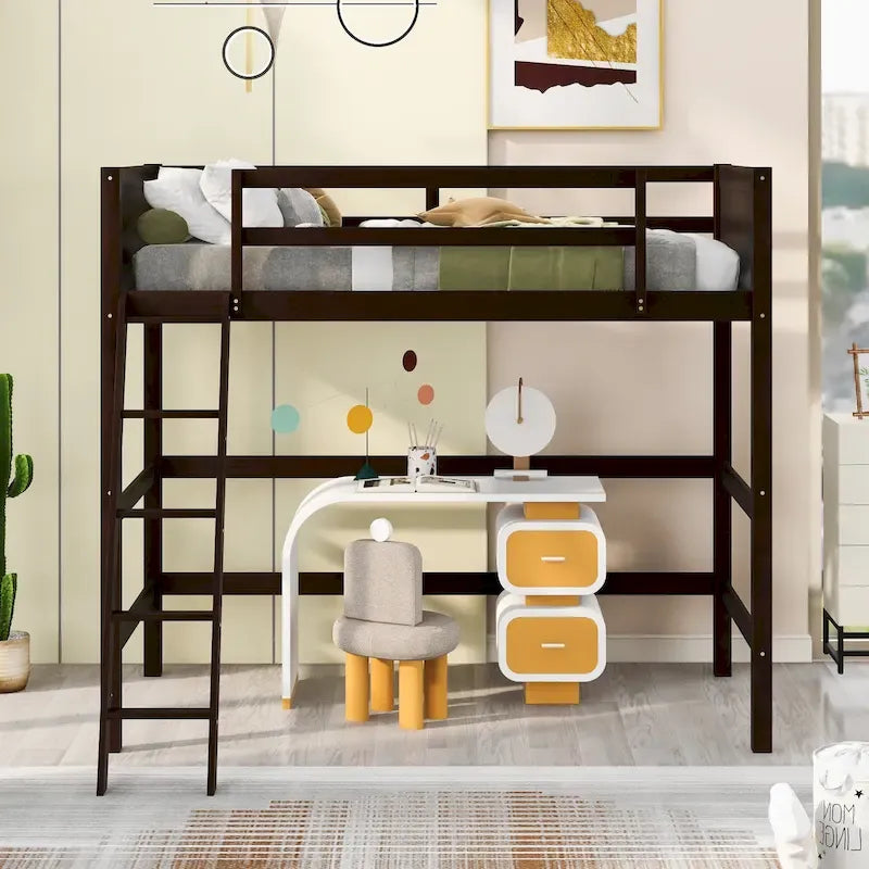 Solid Pine Wood Twin Size Loft Bed with Ladder and Guard Rails