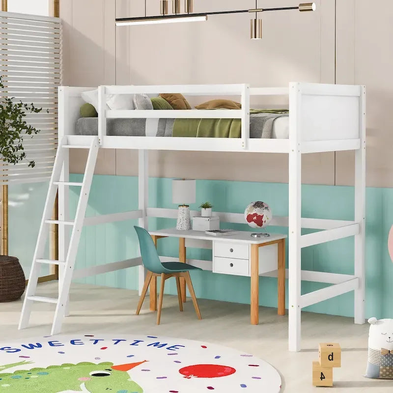 Solid Pine Wood Twin Size Loft Bed with Ladder and Guard Rails