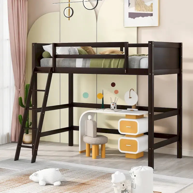Solid Pine Wood Twin Size Loft Bed with Ladder and Guard Rails