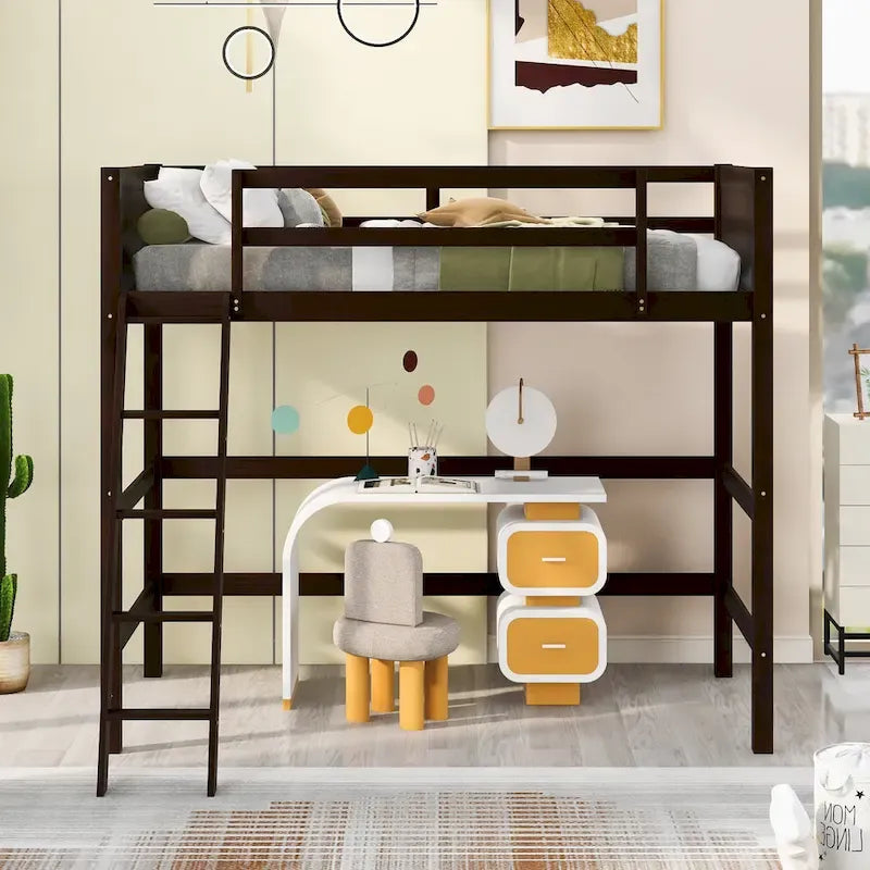 Solid Pine Wood Twin Size Loft Bed with Ladder and Guard Rails